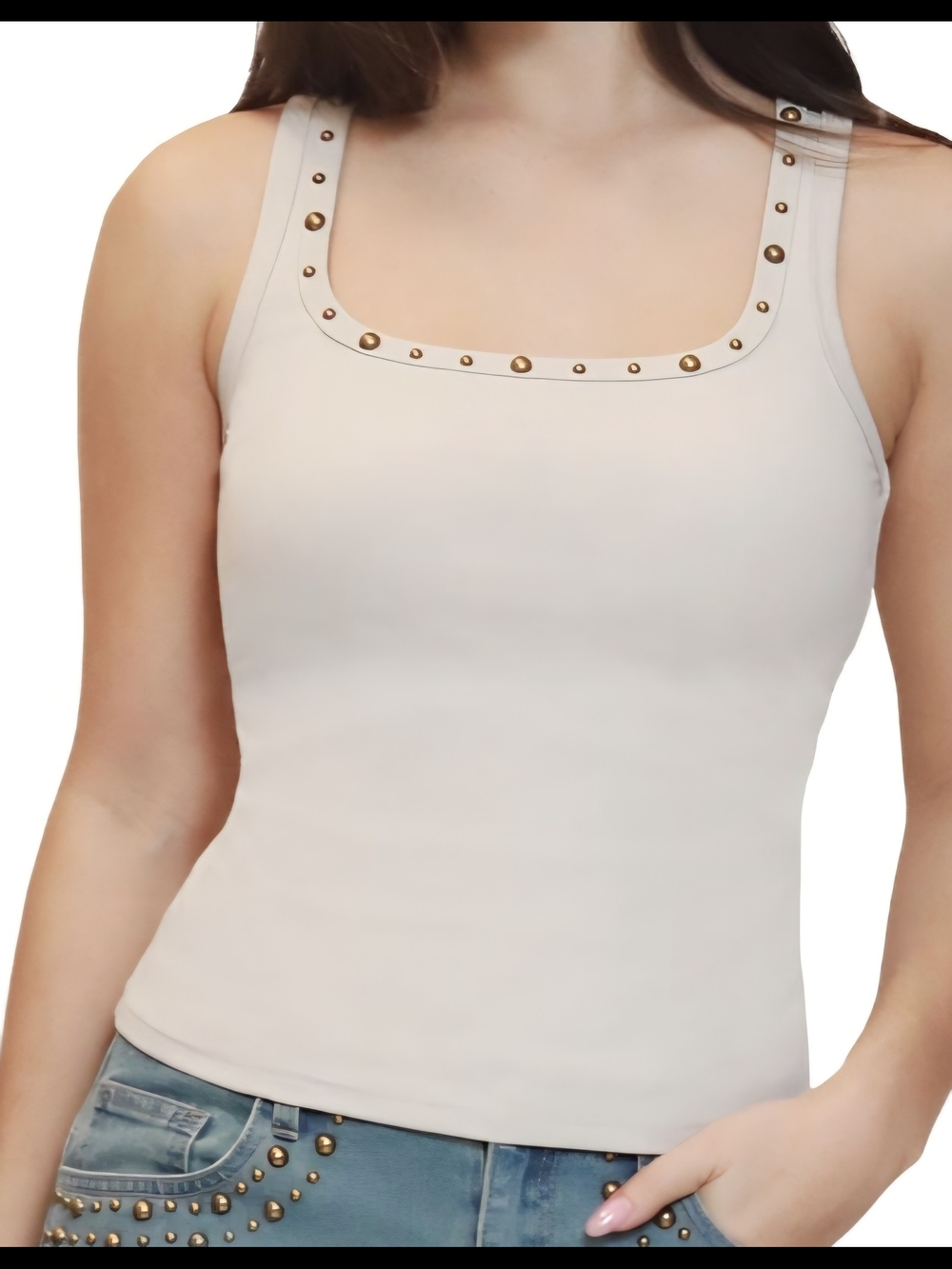 NWT Madden Girl Stud-Trim Square Neck Tank Top Taupe Fits Womans Sz Small